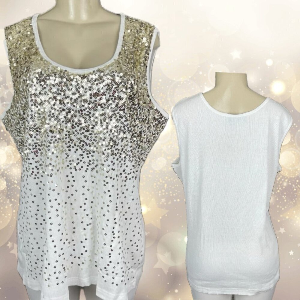 Roaman's + 22/24 White Sequin Gold Front Accent Ribbed Scoop Neckline Tank Top